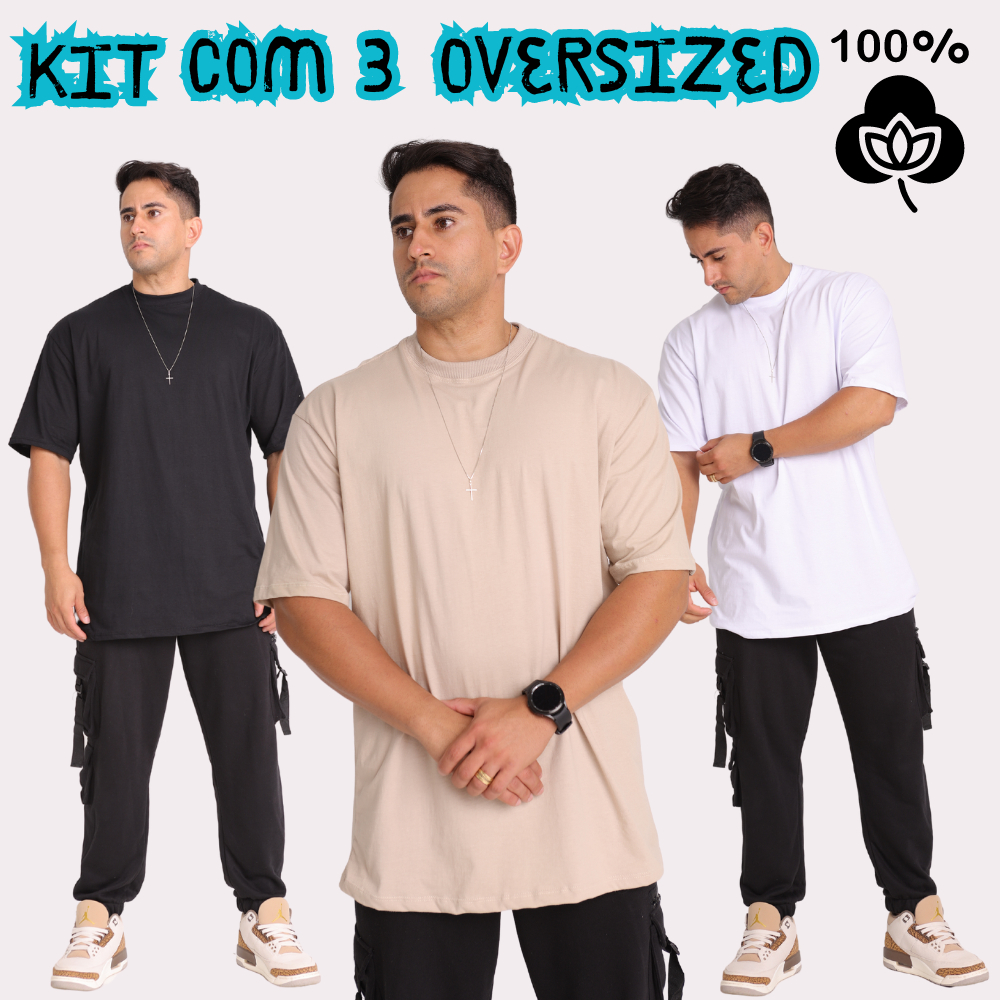 Kit com 3 Oversized Masculina 100% Algodão Premium