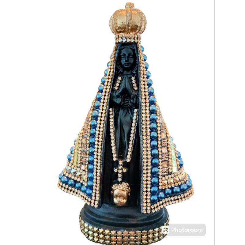 Imagem de Nossa Senhora Aparecida 23 cm de Pérola Azul e Negra de Gesso Strass e Pedraria Portuguesa!