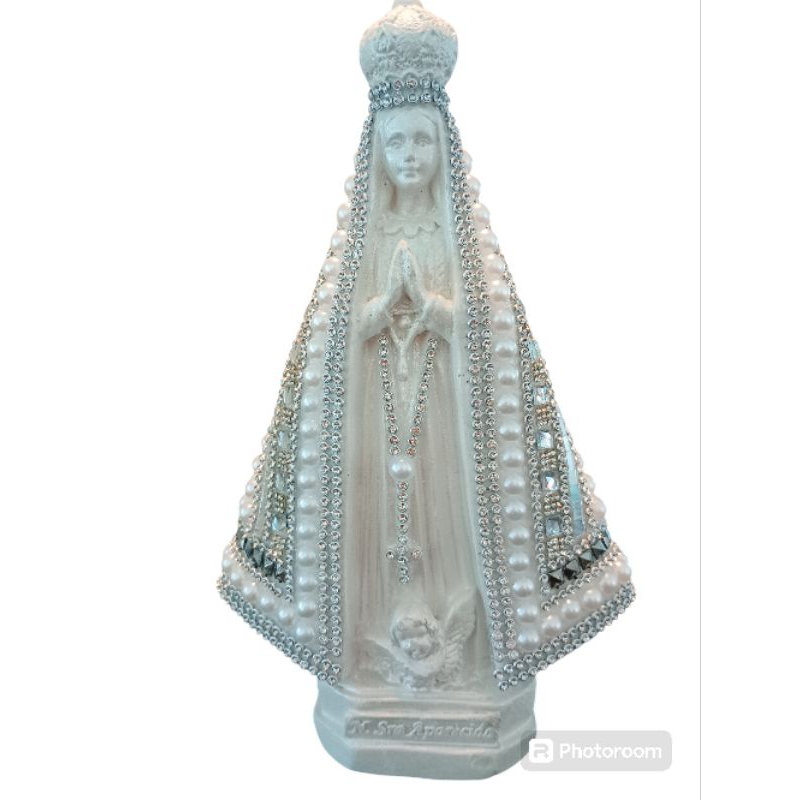 Imagem de Nossa Senhora Aparecida 23cm Branca Pérola de Gesso Strass Pedraria Italiana!