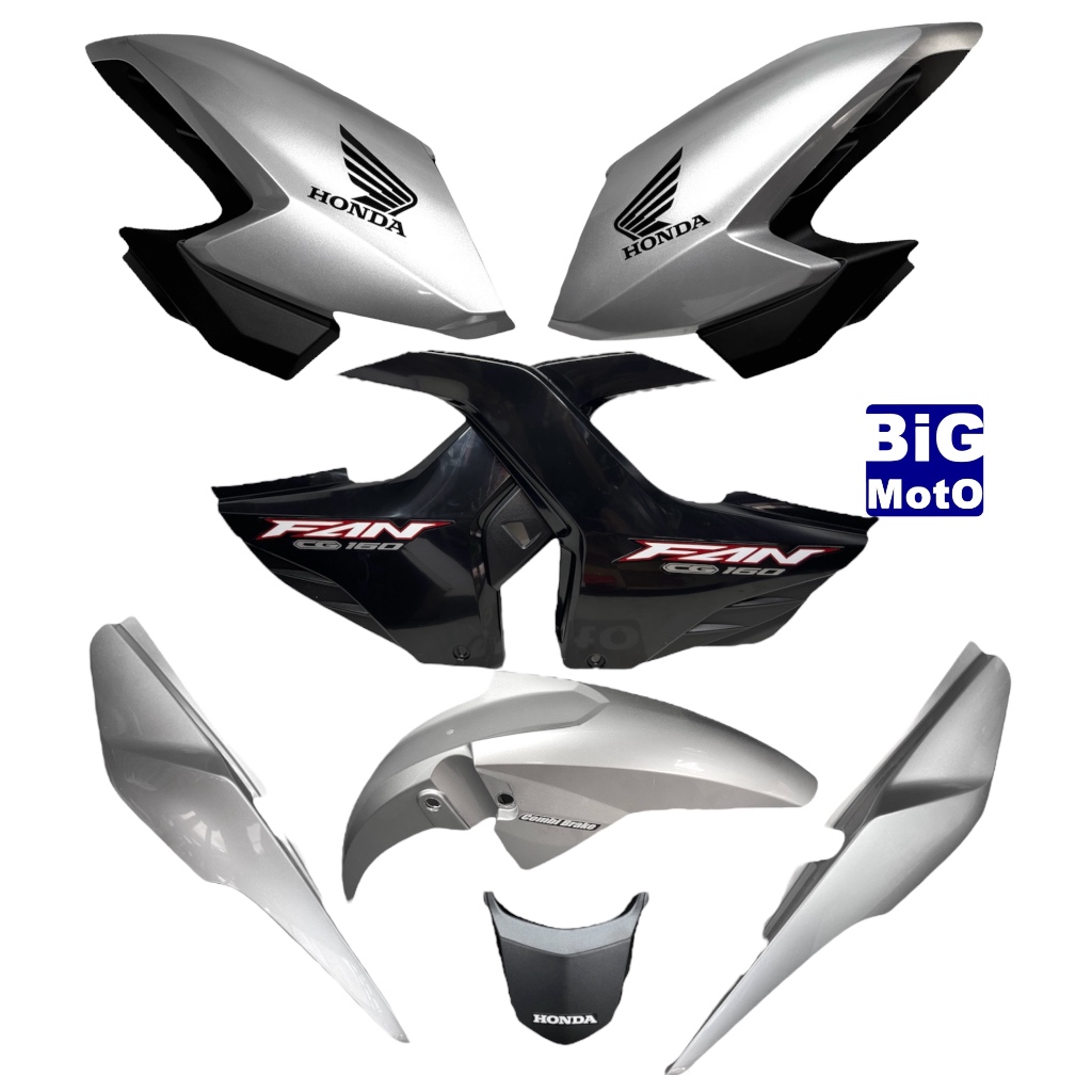Kit CG Fan 160 2022/2023 Prata Force - Par Aba do tanque com Complemento + Par Tampa lateral +Paralama+ Rabeta traseira