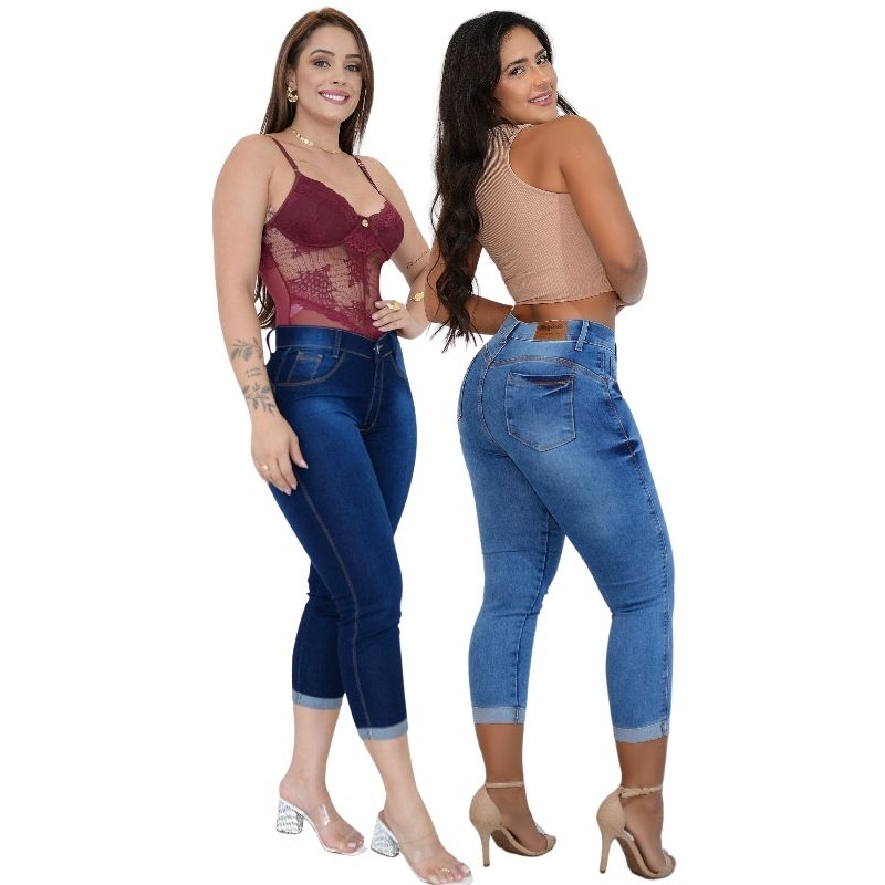 Kit 2 Calça Capri Jeans  Feminina Com Elastano Cintura Alta  Modelagem Levanta Bumbum