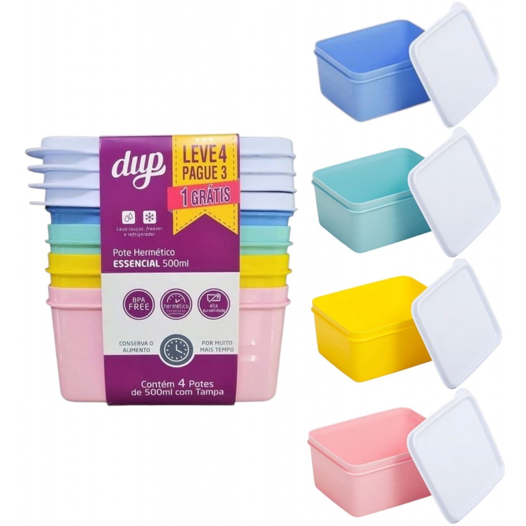 Kit 4 Potes Herméticos DUP Essencial 500ml Plástico Livre de BPA em Oferta na Shopee