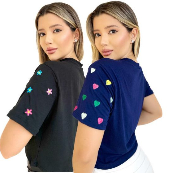 Kit 2 Semi Cropped Luxo Manga Bordada