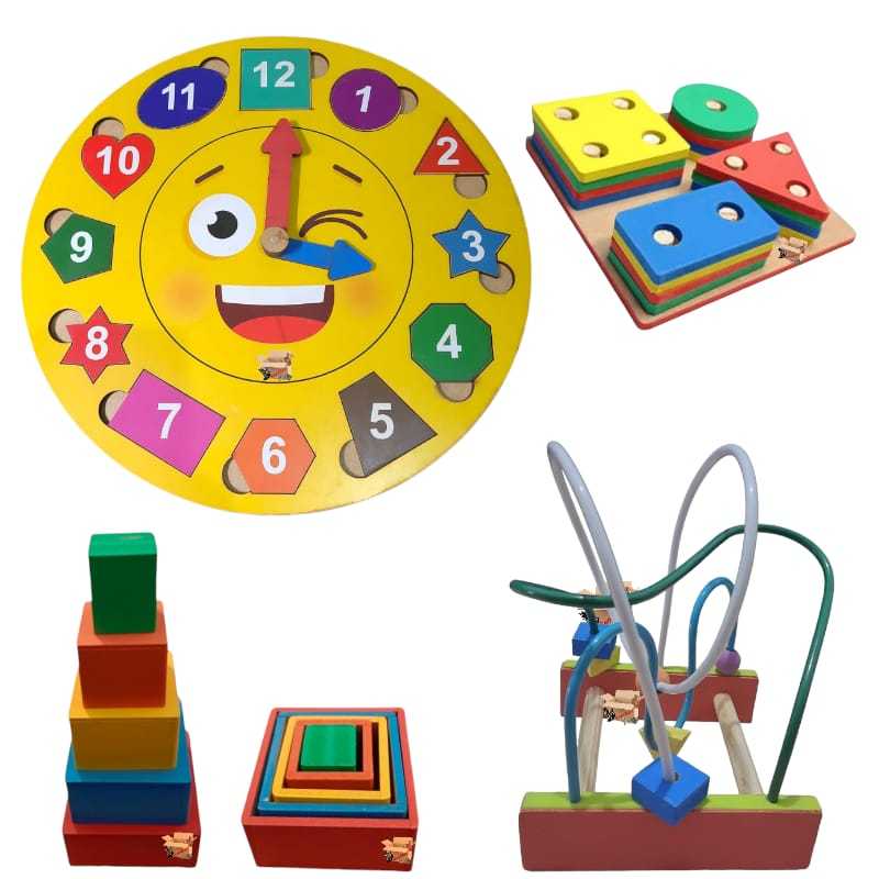 Kit Brinquedo Pedagógico Em Madeira Prancha Seleção + Relógio De Encaixe + Aramado M  + Cubo De Encaixe