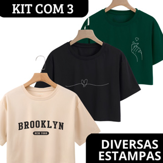 Kit 3 Cropped Blusa Feminina em Algodão Estampas Camiseta Camisas em Oferta na Shopee