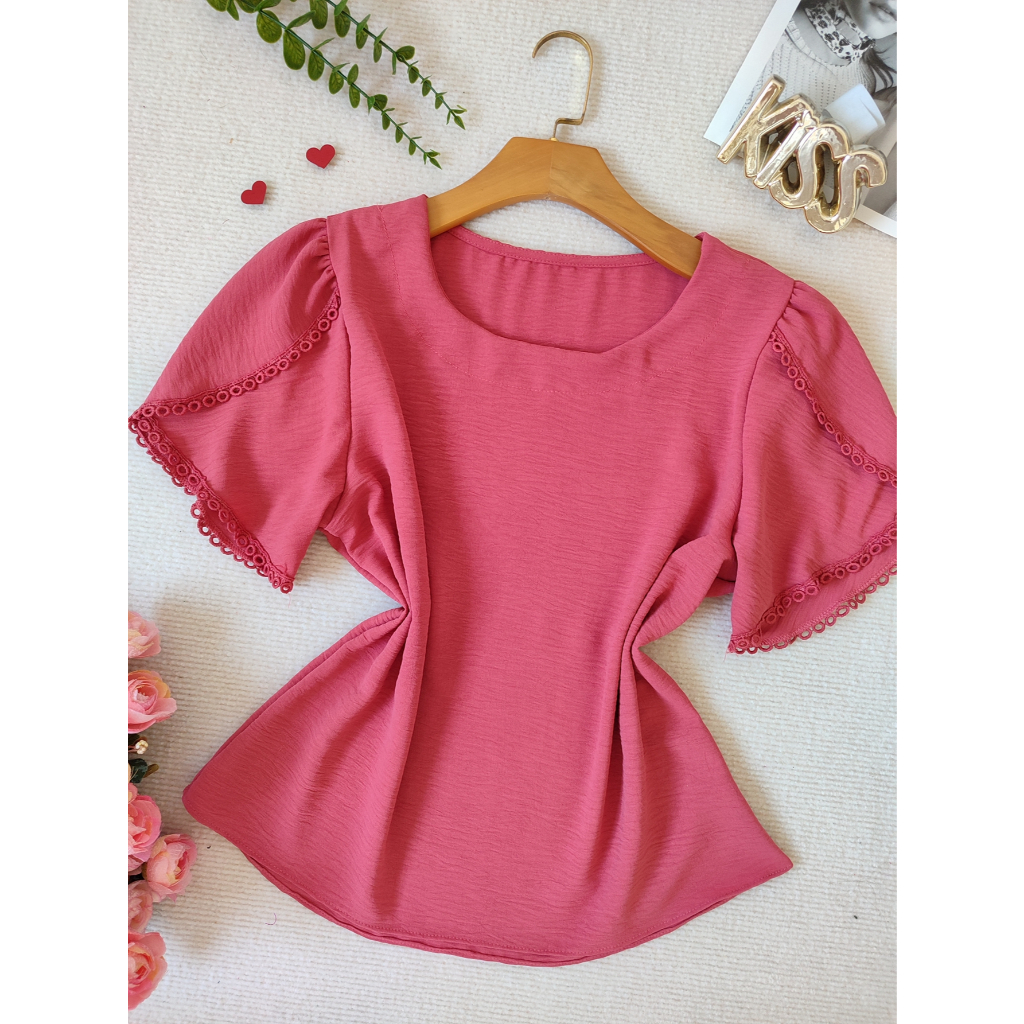 YW & X MODA blusa feminina manga curta com renda tecido duna — imagem 2 de 2