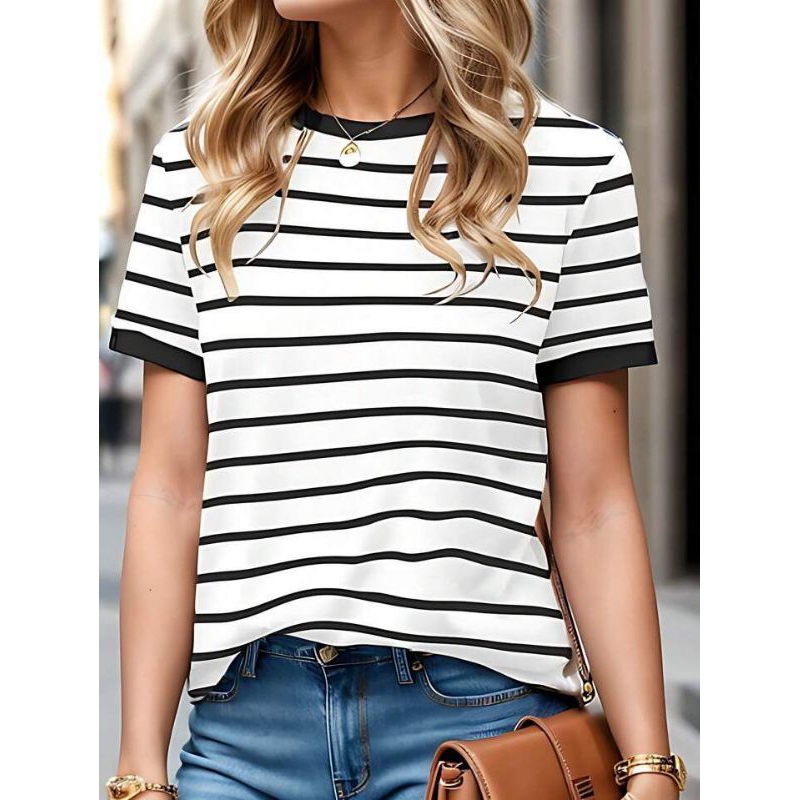 Camiseta Feminina T-Shirt Fresquinha Estampa Listrada em Oferta na Shopee