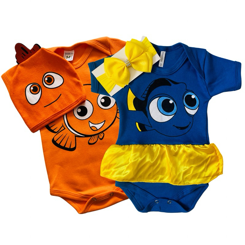 Body de Bebê Temático Nemo e Dory + Touca, Laço e tule