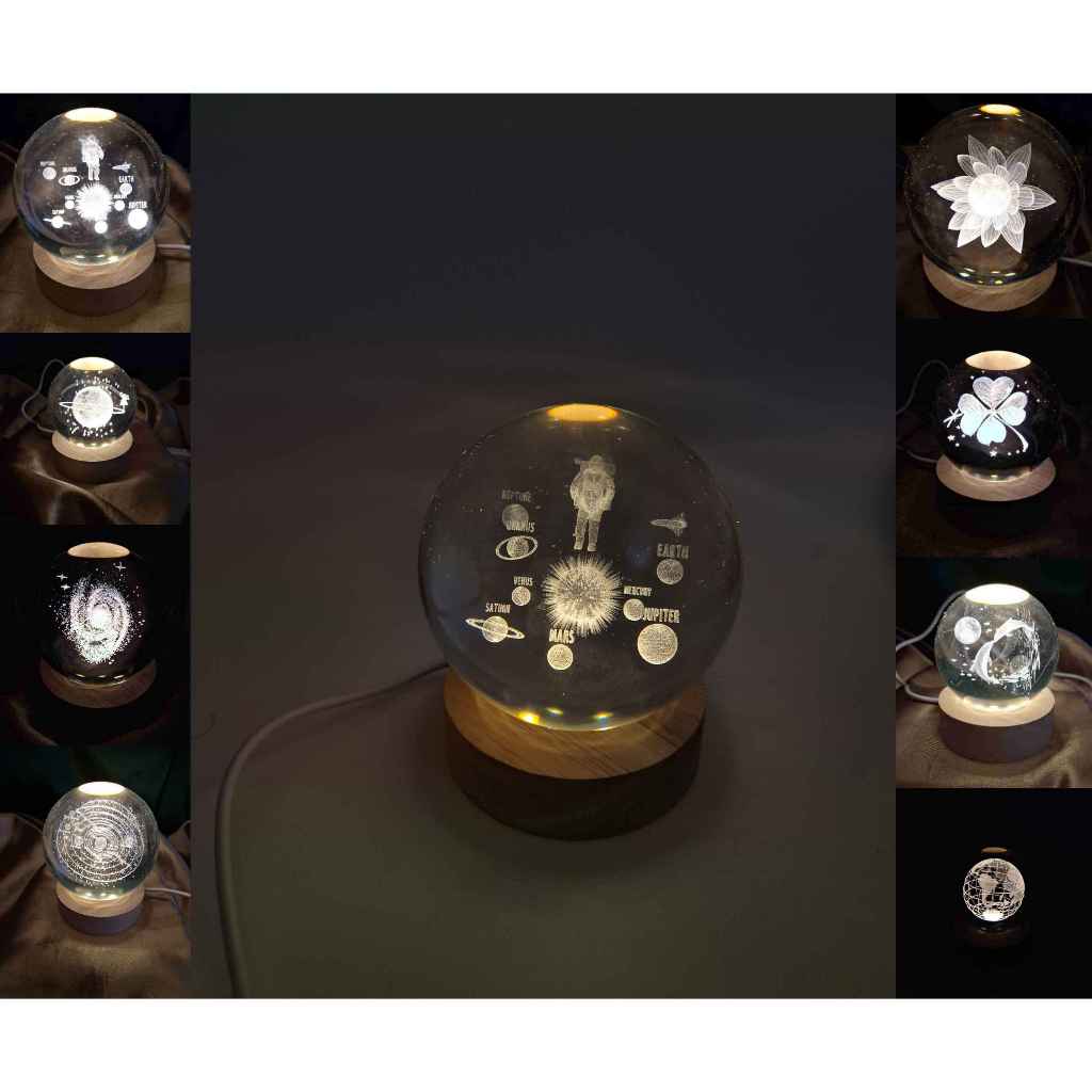 Kit Bola de Vidro Cristalino Globo com imagem 3D e Base Luminária Led em Madeira Tipo Abajur USB VÁRIOS MODELOS a escolher