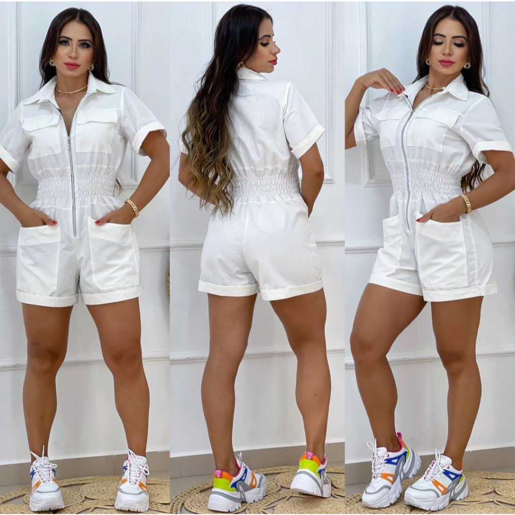 Macaquinho Feminino Branco de Linho Curto C/ Zíper Frontal Macacão Com Manga