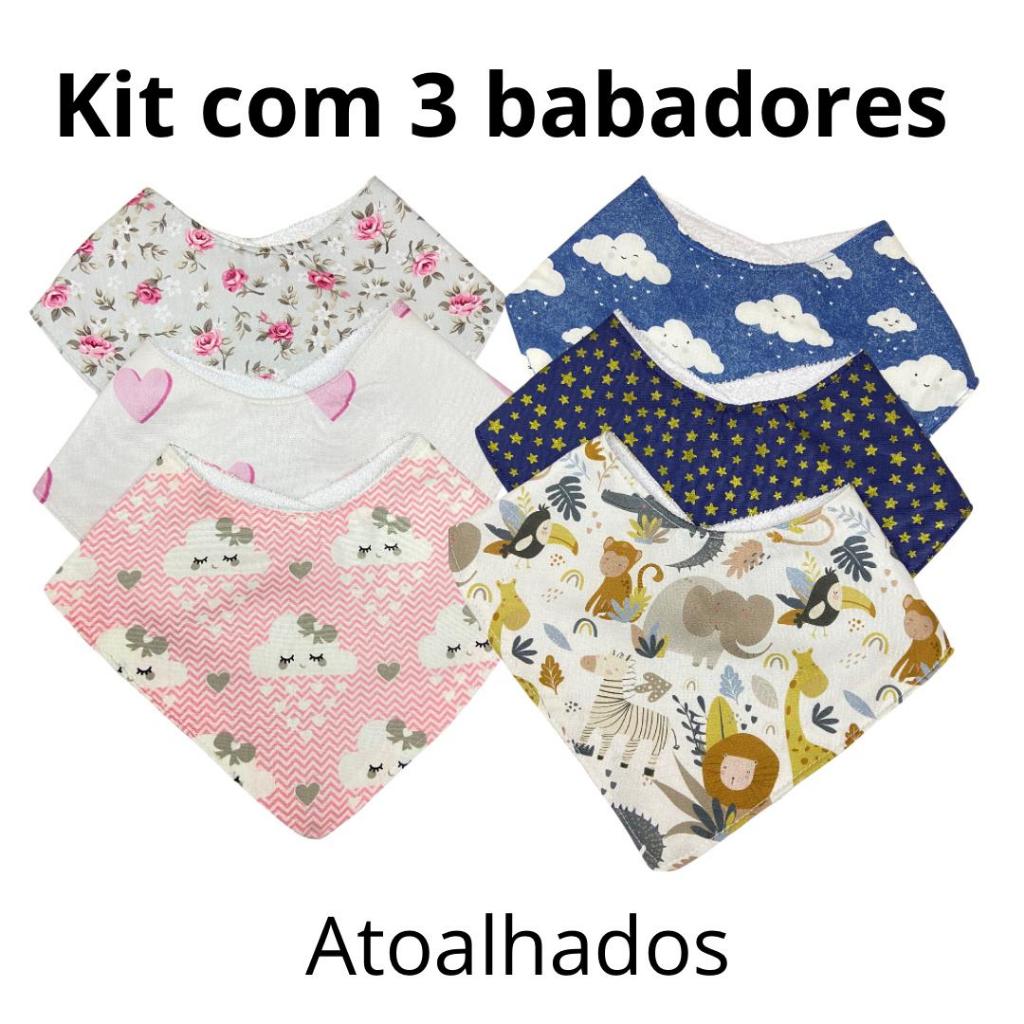 Kit 3 babadores bandana atoalhados com ajuste menino e menina em Oferta na Shopee