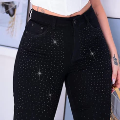 Calça Jeans Feminina Skinny Cintura Alta Lycra Detalhes Strass