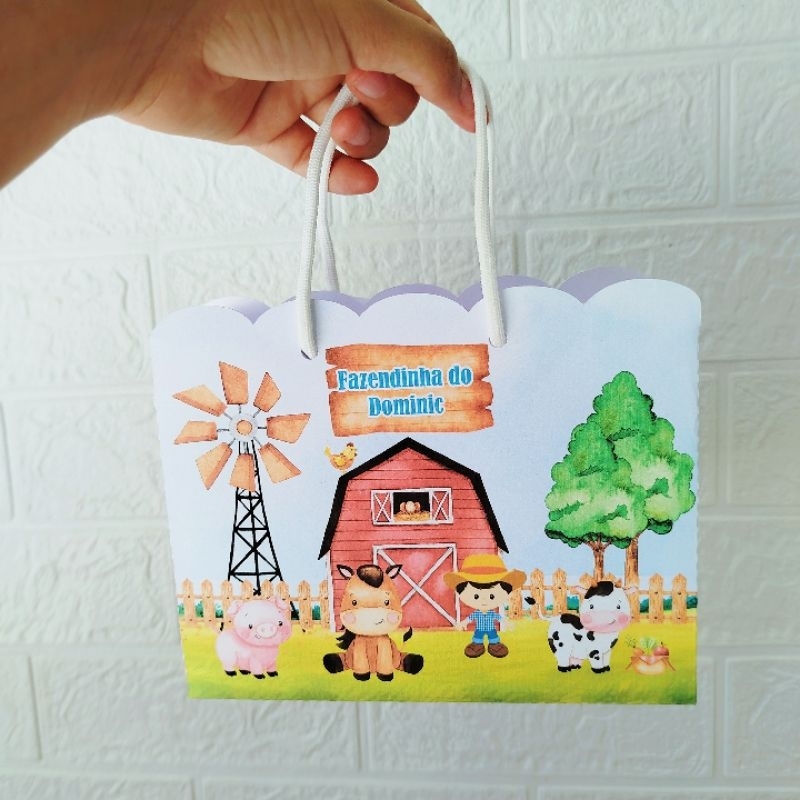 Sacolinha Personalizada Lembrancinha- Fazendinha Vermelha Aquarela- Pegue e Monte