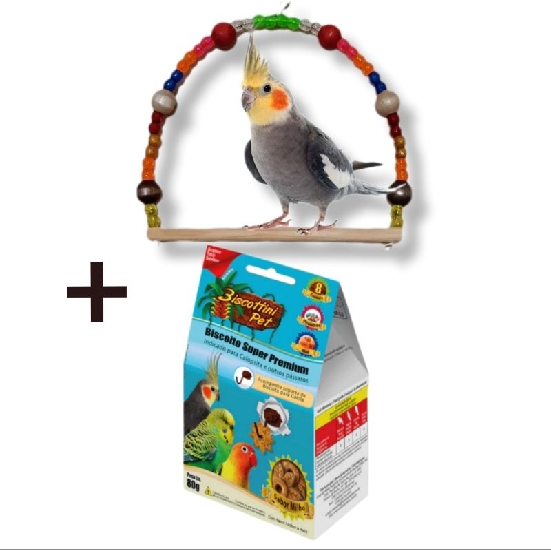 kit Biscoito Para Calopsita Petisco Biscottini Pet e Balanço Puleiro Colorido