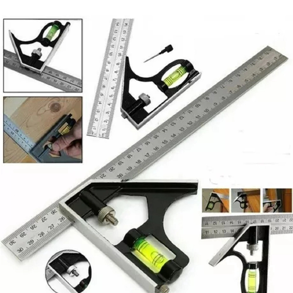 Esquadro Combinado Regua com Nivel em Aço Inox 45 90 e 180 Graus 30 cm 12 Pol