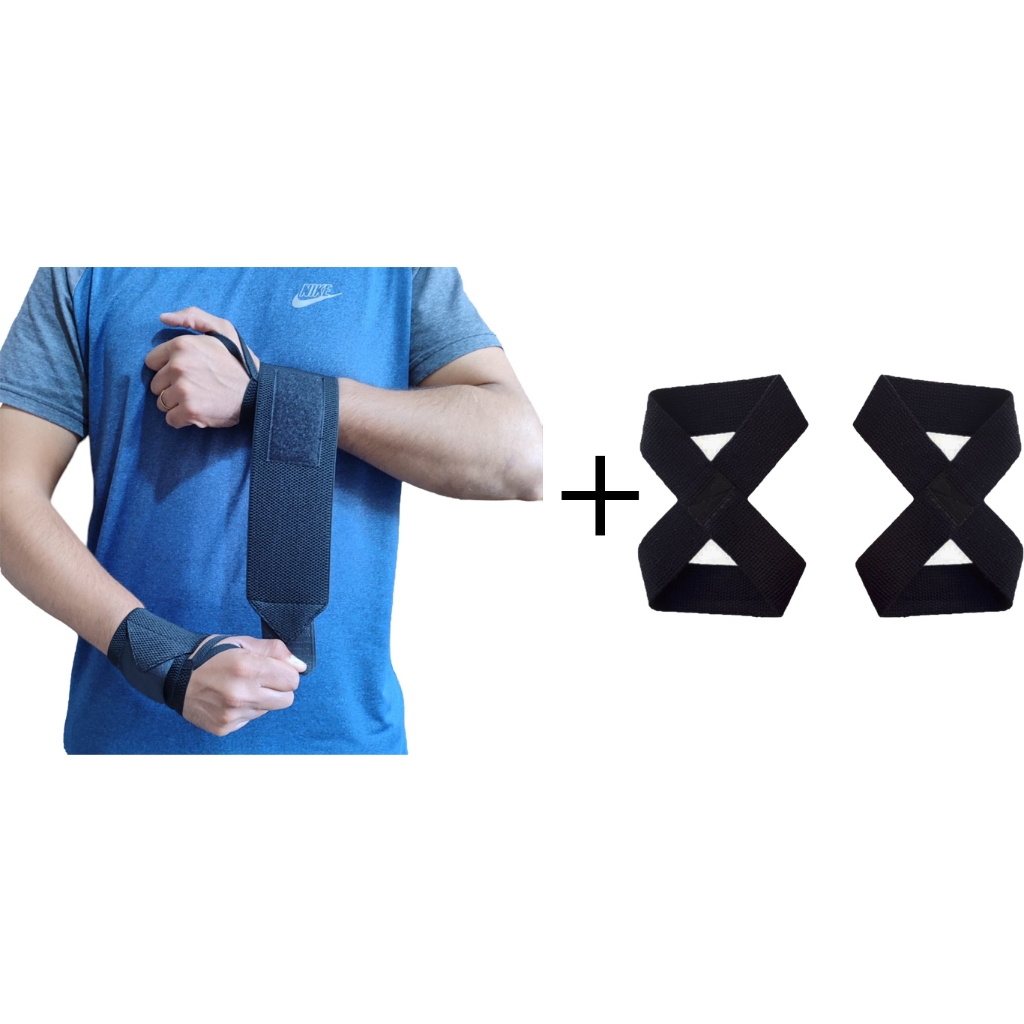 Kit Treino Pesado Munhequeira Profissional Crossfit Hipertrofia + Tala Oito Algodão 8 Promoção Musculação