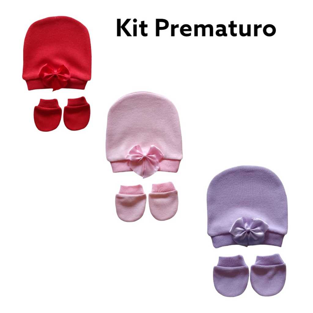 Kit 10 Peças - 5 Touca + 5 Luvas Bebê PREMATURO Boneca Reborn Algodão