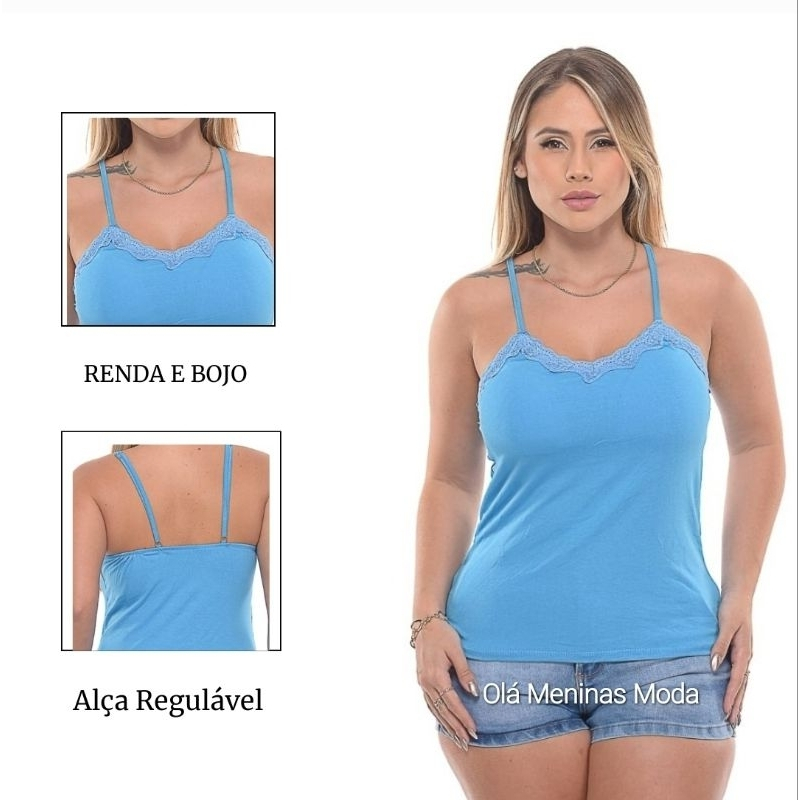 Regata Feminina Viscolycra Alcinha Blusa Com Bojo e Renda Alça Regulável