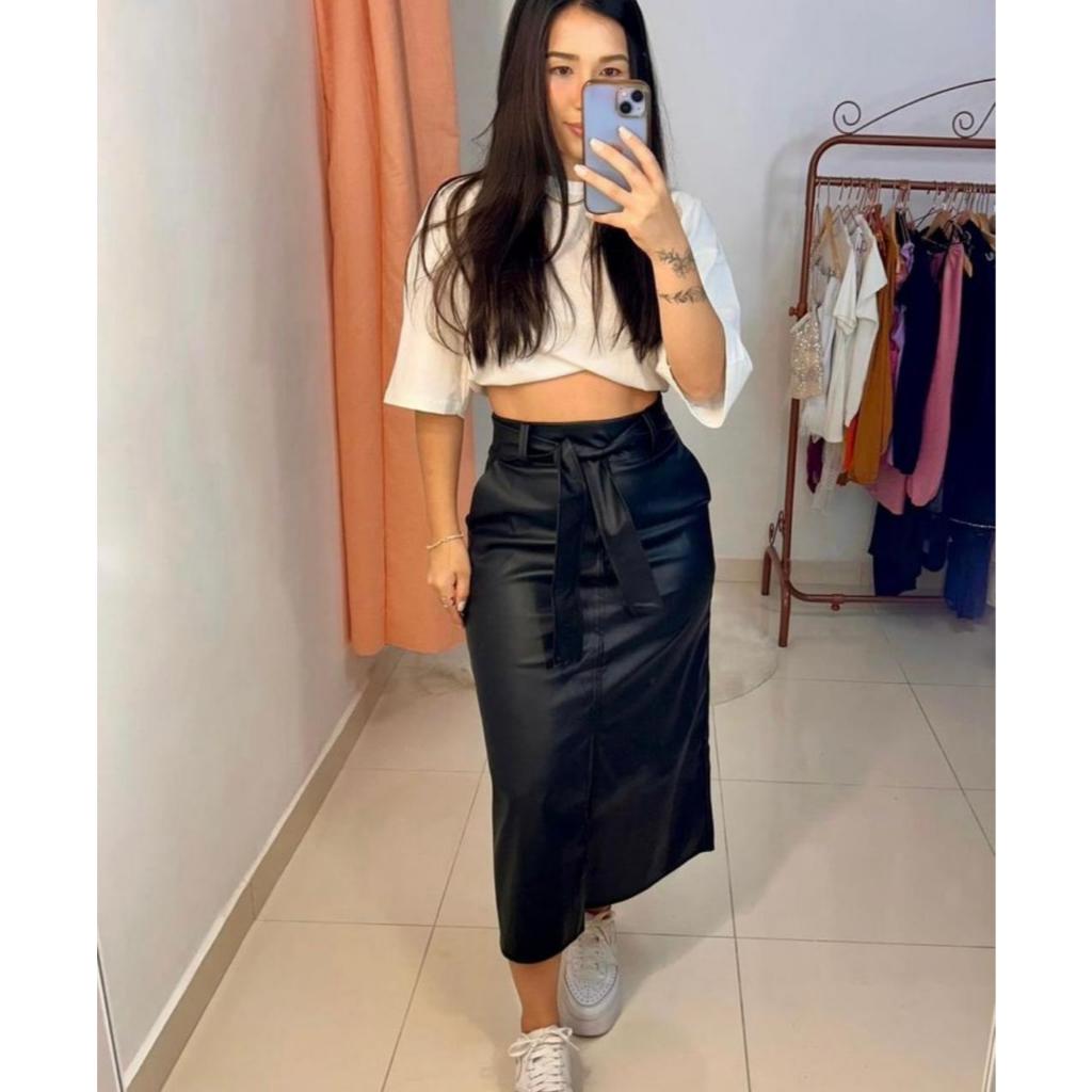 Saia De Couro Midi Com Cinto (M ao G3) Slim e Plus Size