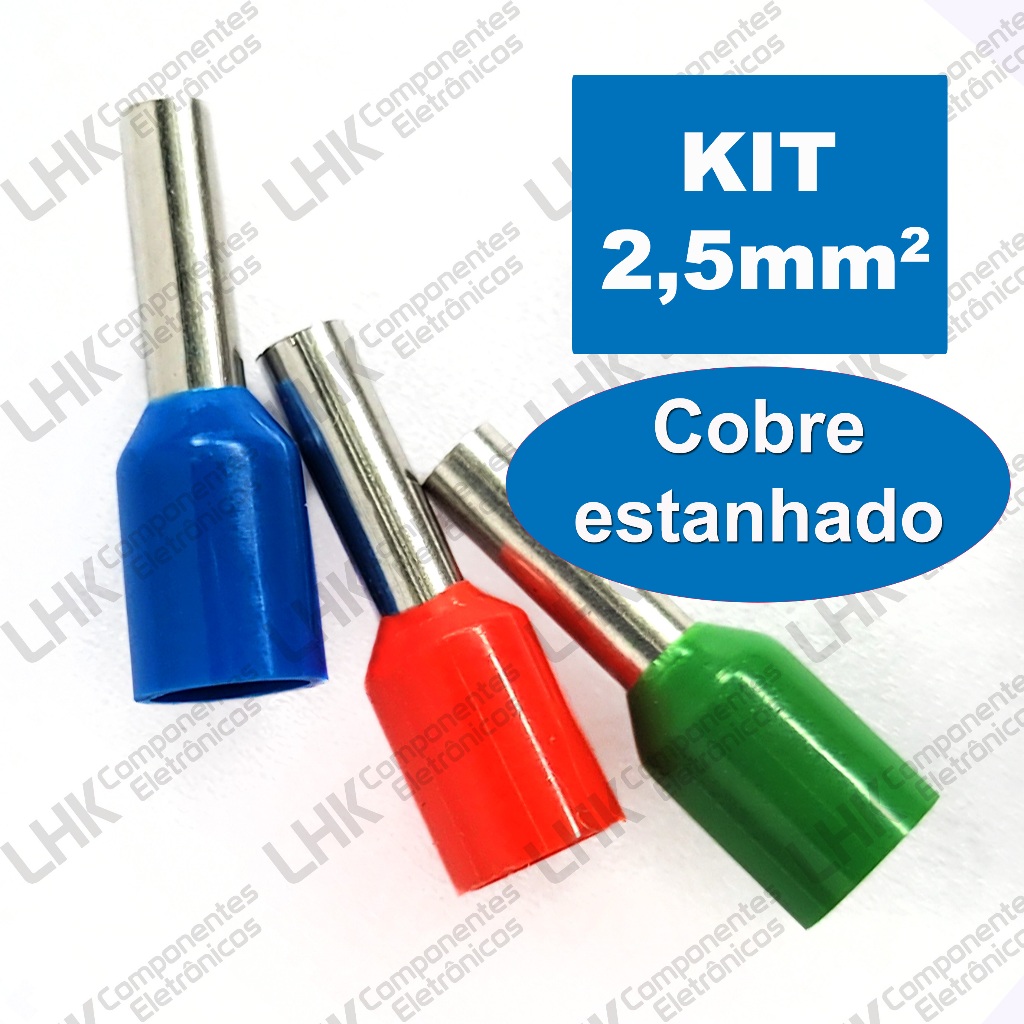 Terminal Tubular Ilhós Pré isolado 2,5mm em Cobre Estanhado Kit Azul Vermelho Verde em Oferta na Shopee