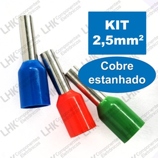 Terminal Tubular Ilhós Pré isolado 2,5mm em Cobre Estanhado Kit Azul Vermelho Verde em Oferta na Shopee