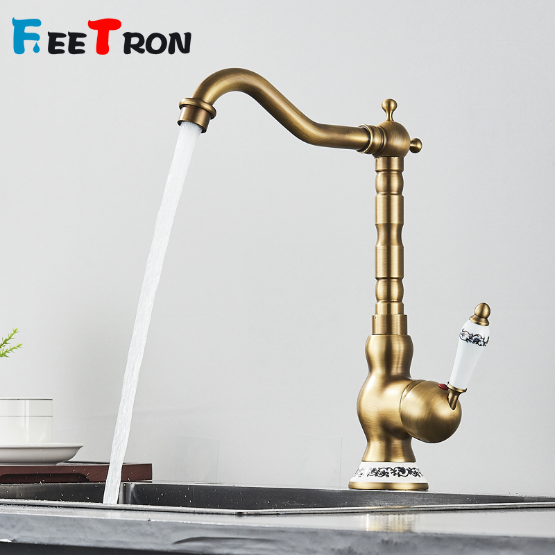 Torneira De Cozinha De Latão Antigo Torneira Misturadora Quente E Fria Único Furo Guindaste Rotativo Para Banheiro Alça De Porcelana em Oferta na Shopee