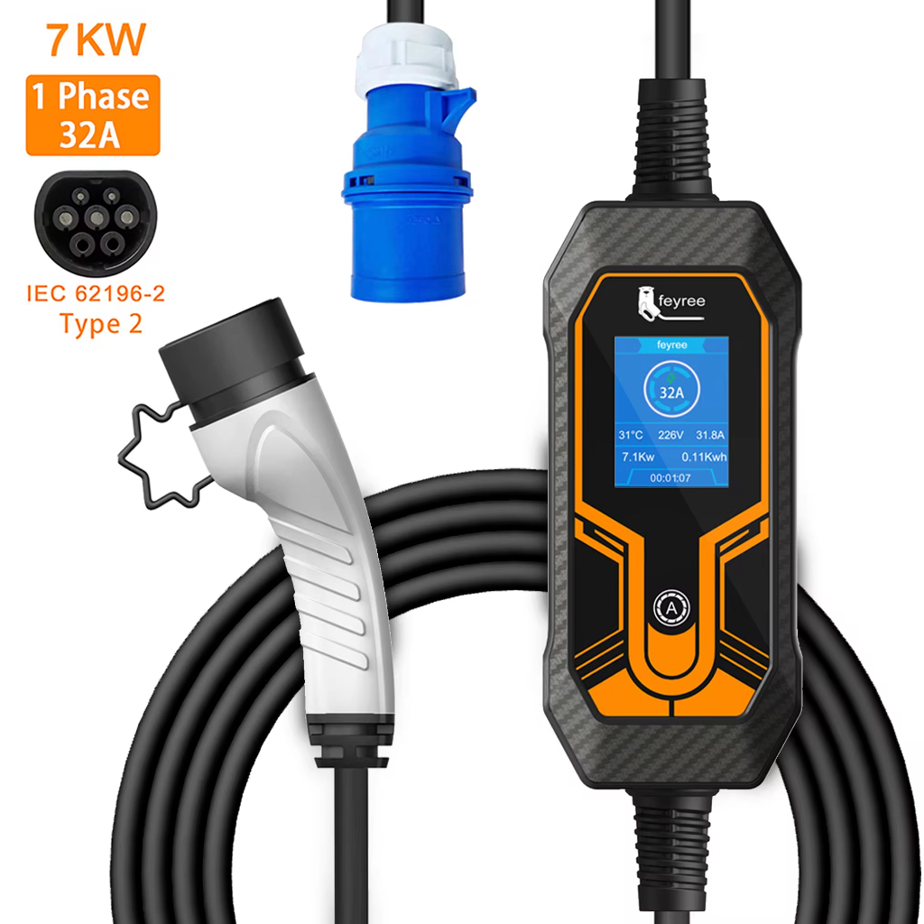 Carregador EV portátil 7KW 32A Type2 IEC62196-2 EVSE Caixa de carregamento Cabo de carregamento de 5 m para estação