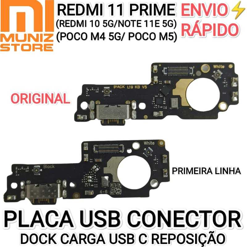 Placa USB Redmi 10 5G/ 11 Prime/Note 11E/Poco M4/Poco M5 Conector De Carga Tipo C Carregamento Rápido Dock de Carga Xiaomi