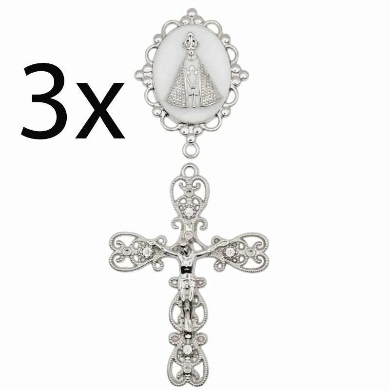 3 kits Entremeio Nossa Senhora Aparecida para terço prateado com Crucifixo com strass para terço