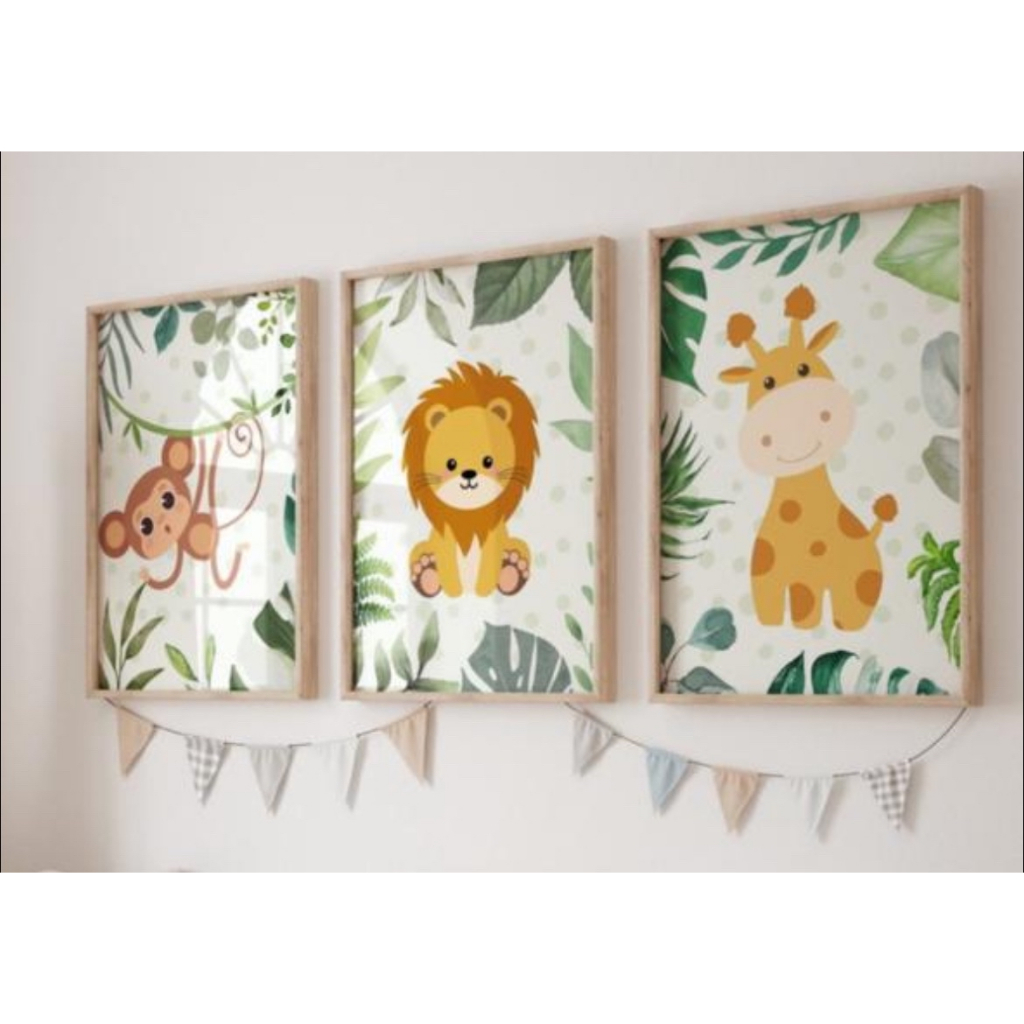 Kit 3 Quadros Decorativos Safari Infantil Leão, Girafa e Macaco Decoração Quarto Bebê Menino Menina em Oferta na Shopee