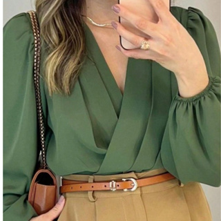 Blusa Camisa Manga Longa Transpassada Conte V Feminino Elegante  Elástico no Punho Tendência. em Oferta na Shopee