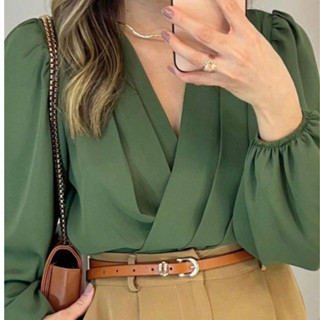 Blusa Camisa Manga Longa Transpassada Conte V Feminino Elegante Veronica Tecido Duna Elást...
