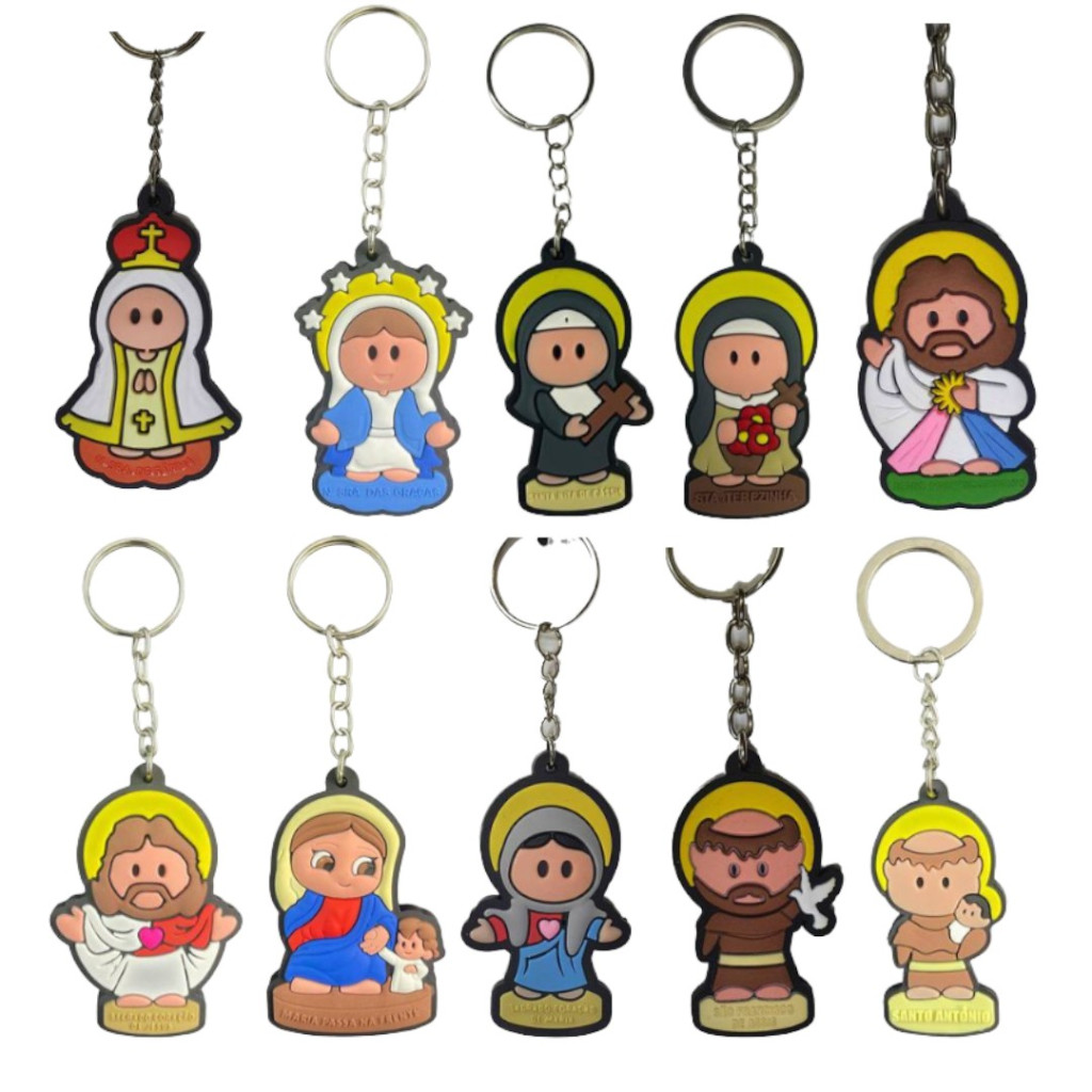 Chaveiro borracha kit com 6 apenas 1 imagem anjo guarda nossa senhora santo santa são sagrado coração jesus maria fatima graças rita terezinha passa frente francisco antonio lourdes aparecida guadalupe joao cristovao jorge tarcisio infantil criança