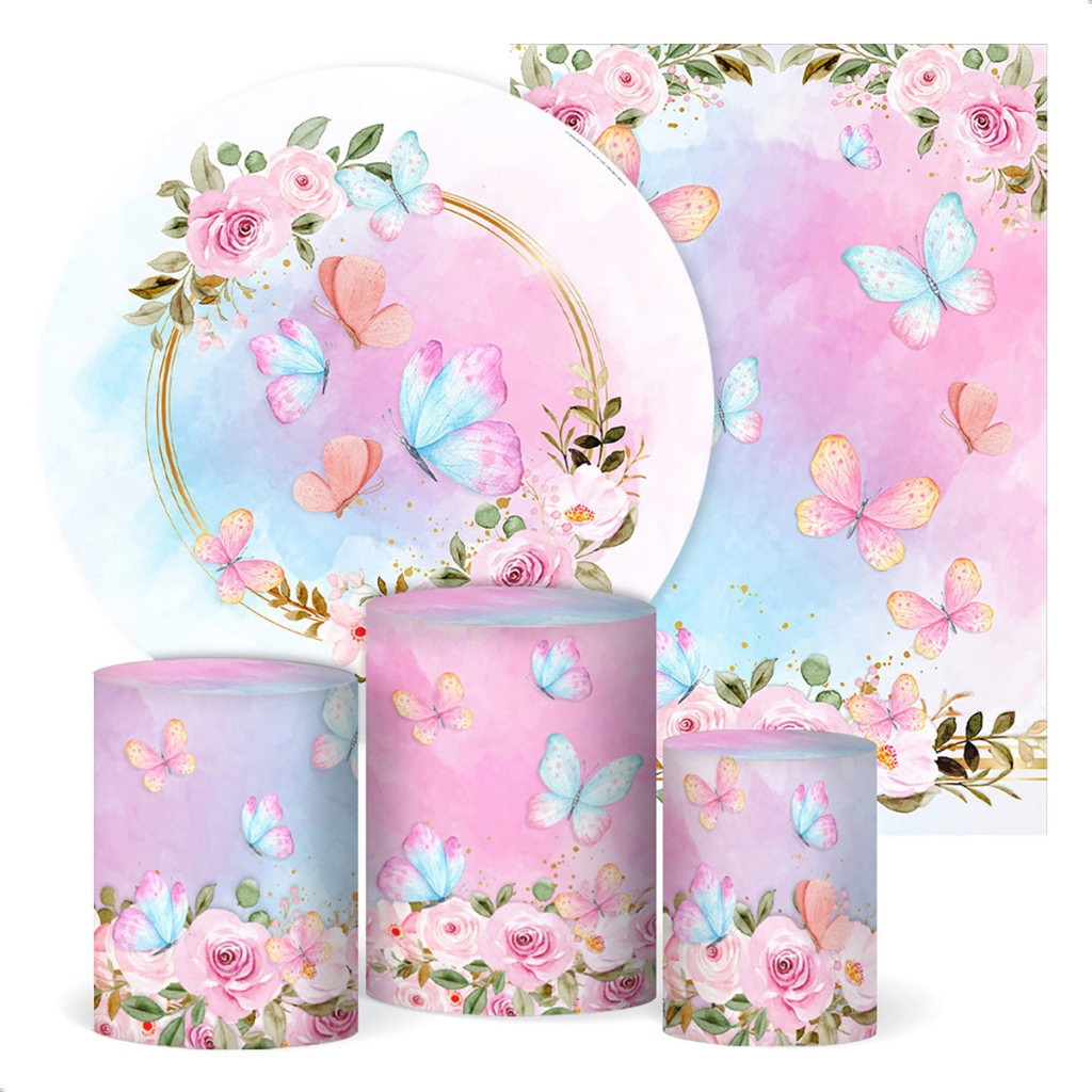 Kit 5 peças Borboletas Capa Painel + Capa Retangular + Trio Cilindros Tecido para Festa em Oferta na Shopee