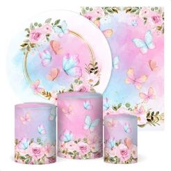 Trio Capa Cilindro + Painel de Festa Borboleta Decorativo Sublimado Em Tecido Veste Fácil