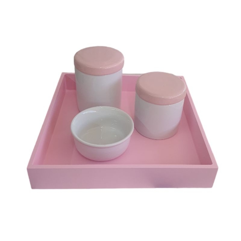 kit Higiene Bebê Porcelana Menina, Tampas e Bandeja Rosa,Potes Algodão e Cotonete. em Oferta na Shopee