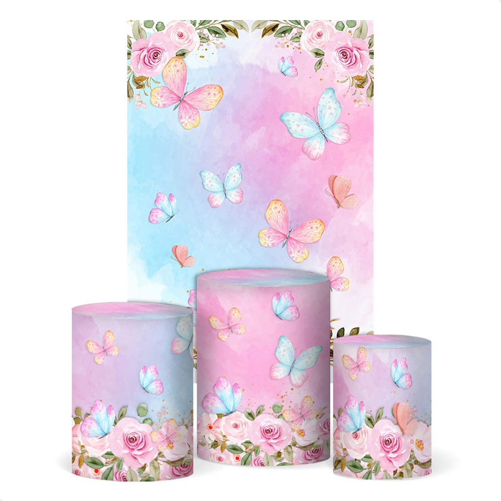 Trio Capa Cilindro Veste Fácil + Painel Vertical Borboletas Sublimado Em Tecido