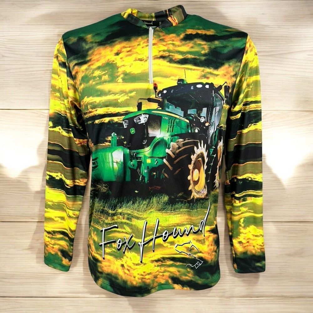 Camiseta Masculina Fox Hound Amarela e Verde Com Zíper Manga Longa Com Estampa de Trator UV50+ Ref.35770