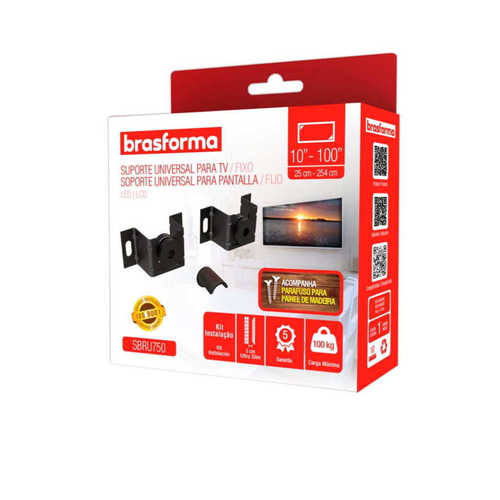 Suporte para Tv Universal Fixo Led Lcd Plasma 10 24 32 43 50 55 até 100’’ Polegadas Parede ou Painel Brasforma 750