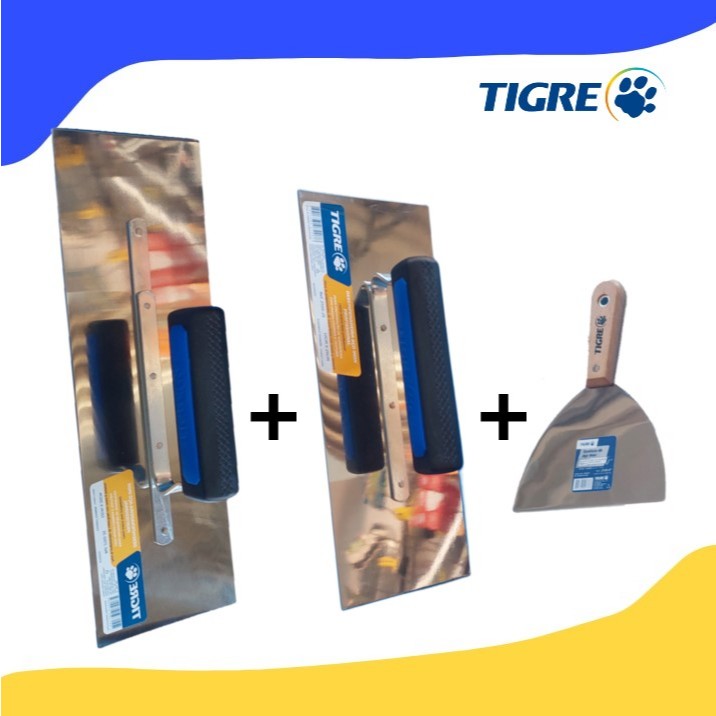 KIT DUAS DESEMPENADEIRAS INOX  TIGRE COM ESPATULA INOX 5 POLEGADAS.
