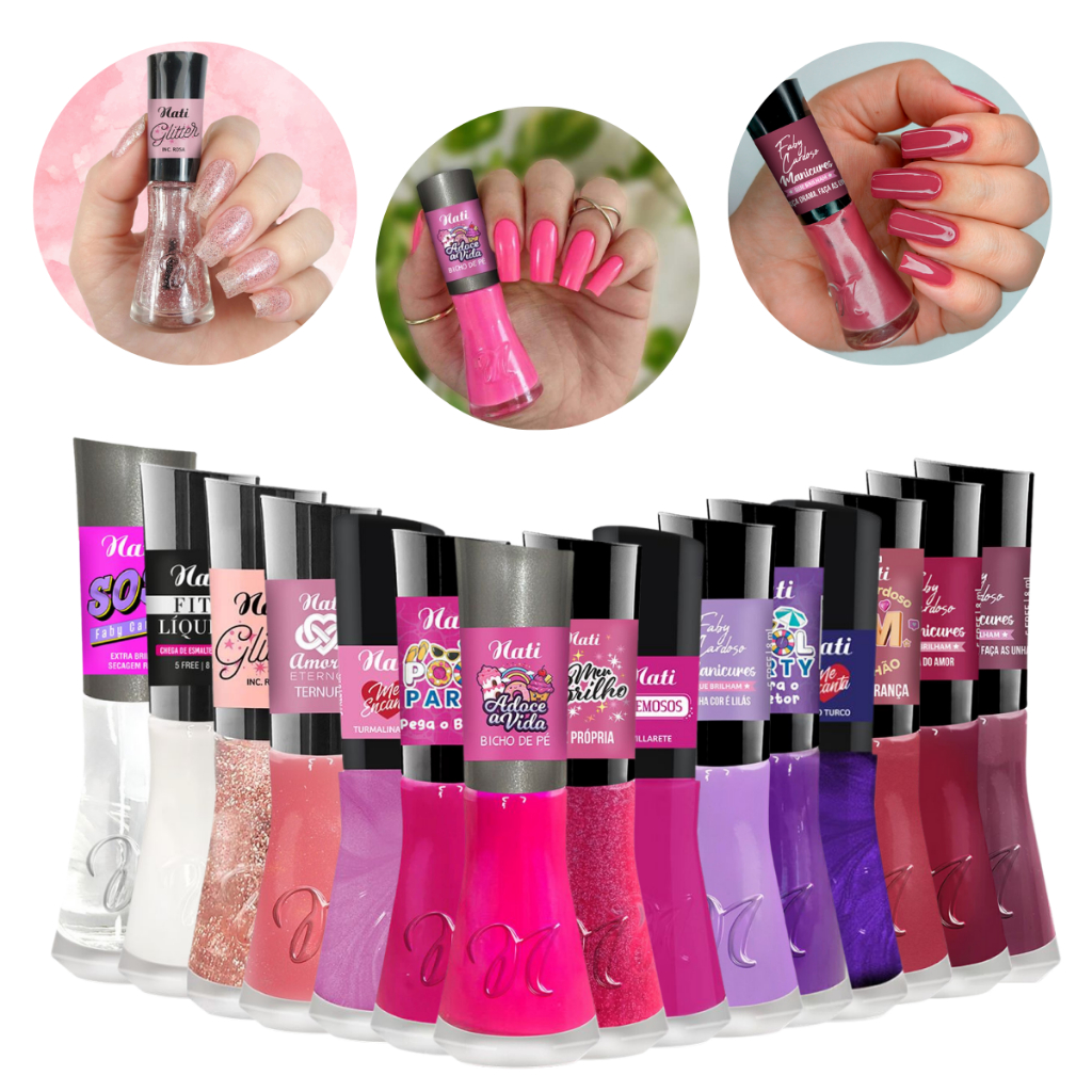 Esmalte Kit 15 Nati Cores Rosas Glitter Cremosos Clássicos Tons Contagiantes Tendência Manicure