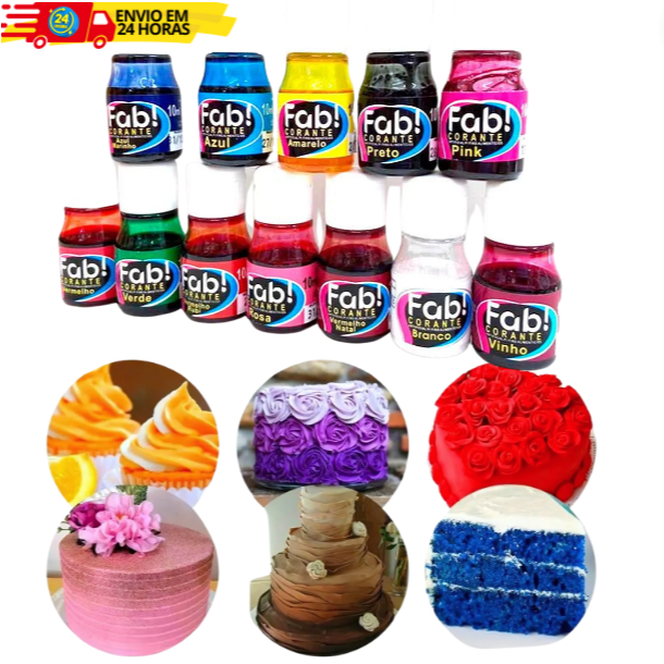 Corante Líquido Anelina FAB 10ml Cores Alimentício Líquido Para Bolo Glacê Confeitaria