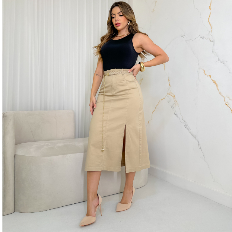 Saia Midi Feminina Brim Sarja Elastano Bolso Com Cinto  3RD SD1186 em Oferta na Shopee