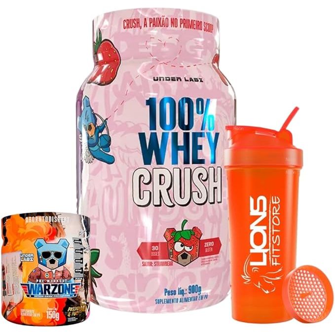 100% Whey Crush  900g - Under Labz + Pré Treino Warzone 150g Sabor Green Bomb - Under Labz + Coqueteleira 700ml Personalizada Cor Sortida