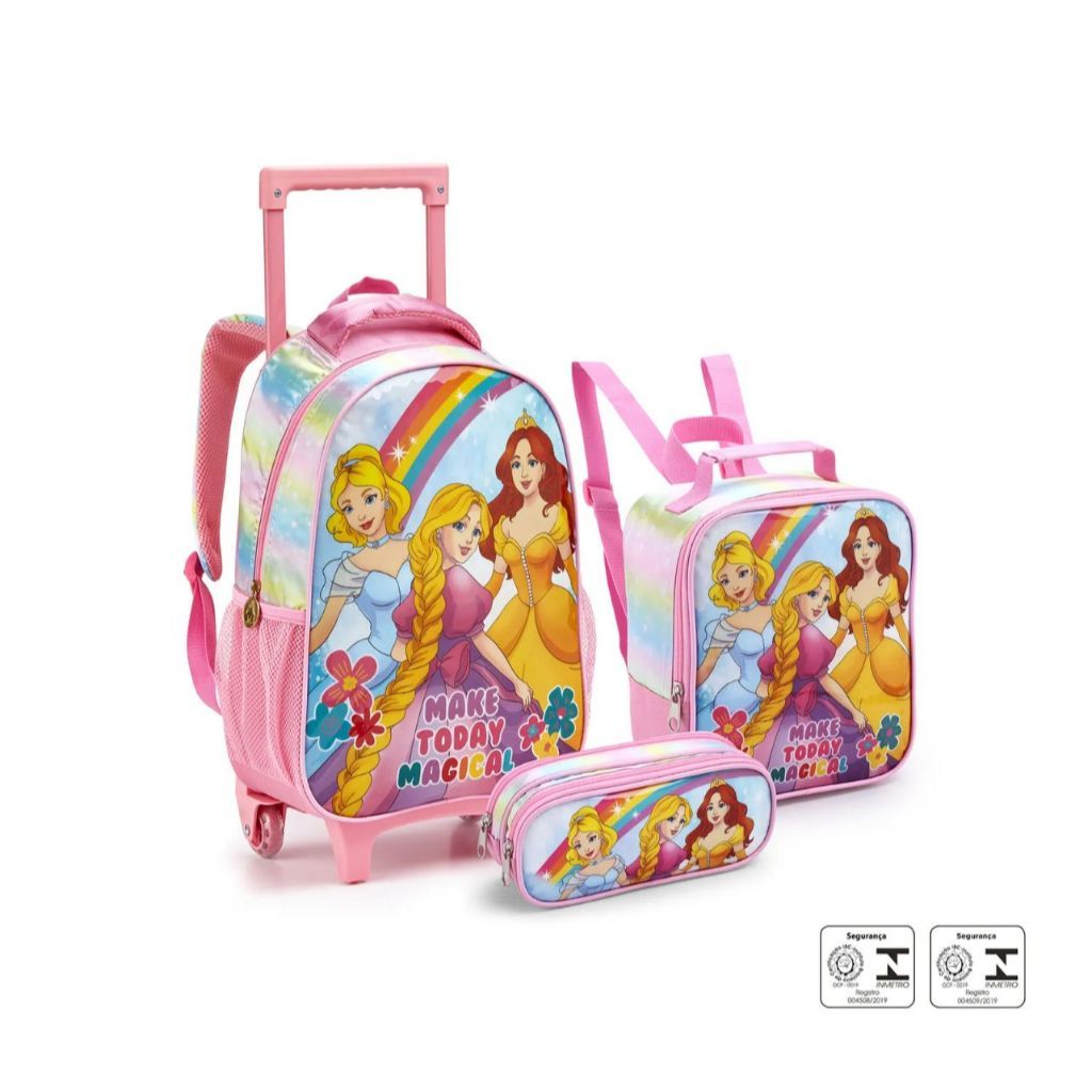 KIT MOCHILA ESCOLAR DAS PRINCESAS COM RODA