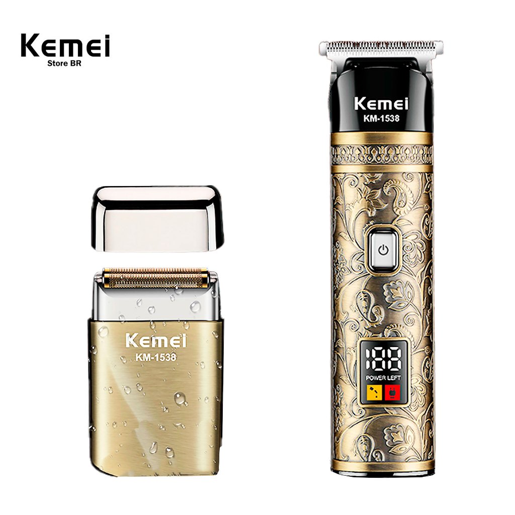 Kit  Máquina Barbeadora + 1  Shaver de Acabamento  Profissional Kemei 1538 Portátil  Bivolt 110V220V