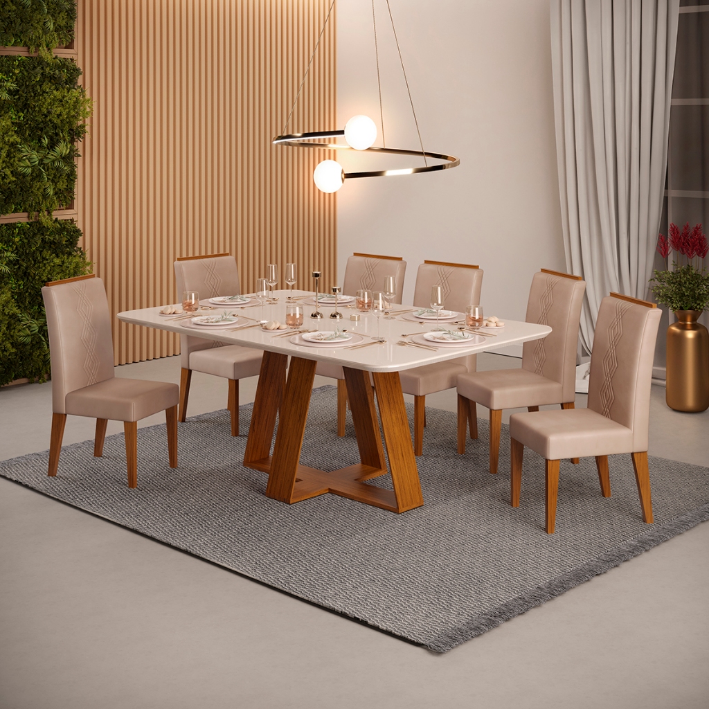 Conjunto de Sala de Jantar 6 Cadeiras Tampo Curvo Dj Moveis Kiara Freijó Yasmin Kraft em Oferta na Shopee