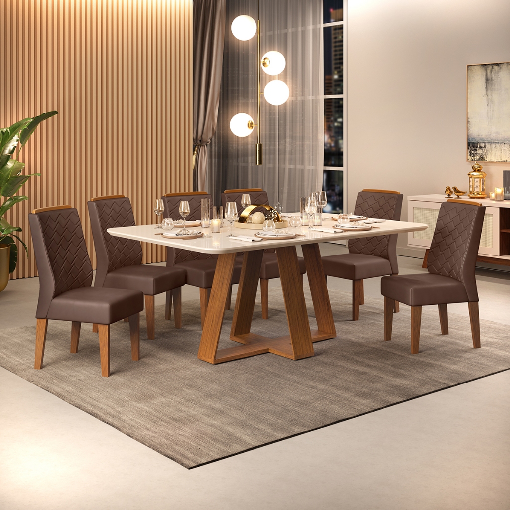 Conjunto de Sala de Jantar 6 Cadeiras Tampo Curvo Dj Móveis Kiara Freijó Lidia Moca em Oferta na Shopee