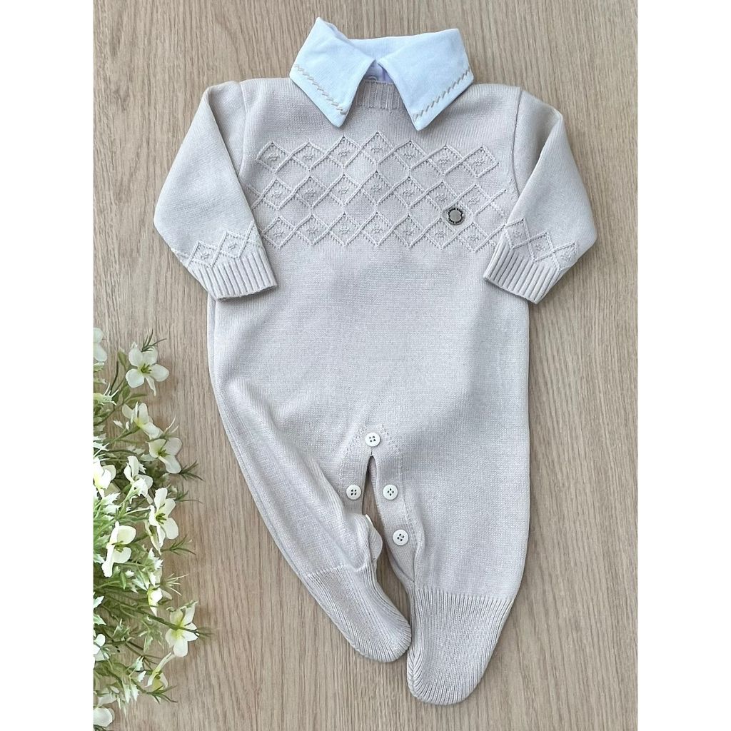 Saida de Maternidade Menino Bege Macacão Charles Tricot 2 Peças