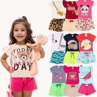 Kit Sortido 6 Peças de Roupas Infantil Menina 3 Camisetas + 3 Bermudas - Kit 3 Conjuntos …